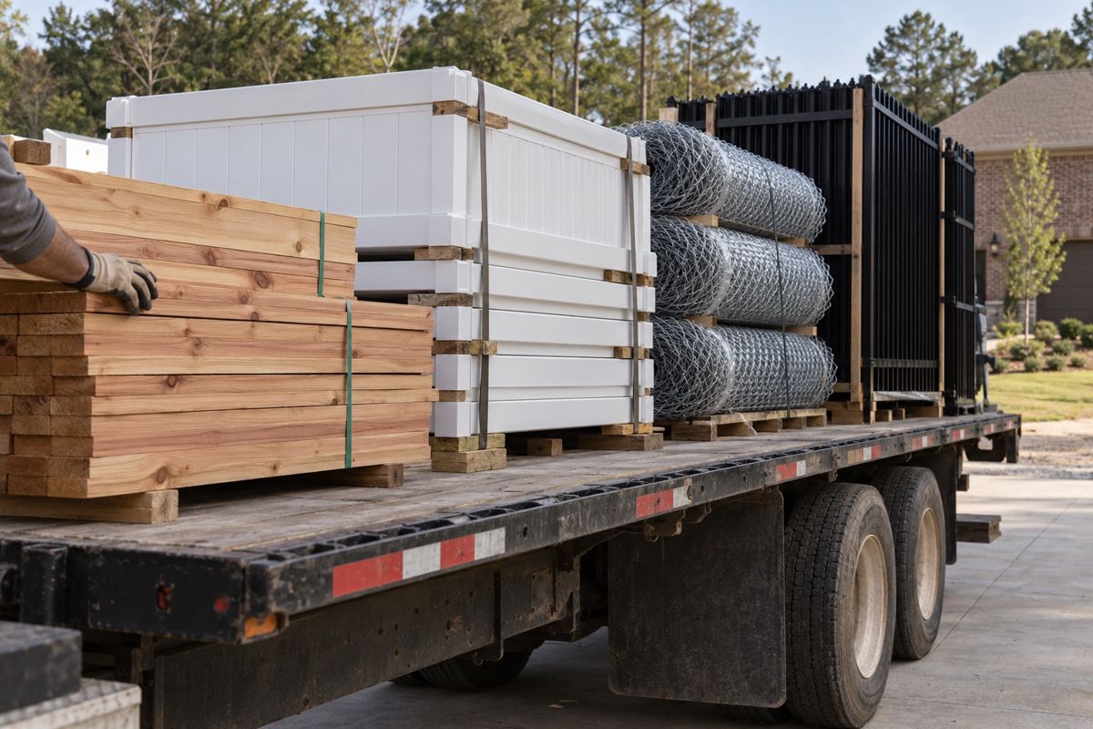 Stacks of wood, vinyl, chain link and aluminum fence materials