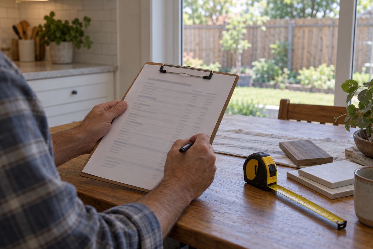 Hands comparing fence quote pages with a tape measure