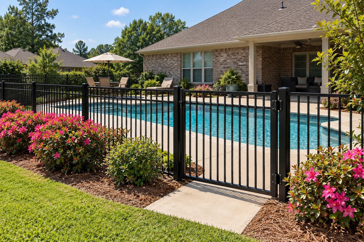 Black aluminum fence enclosing a backyard pool in Alabama