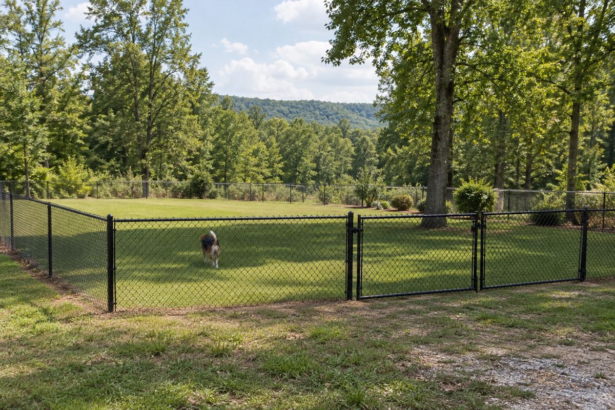 Black chain link fence around a large rural yard