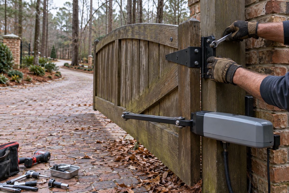 Worker adjusting a driveway gate hinge and opener arm