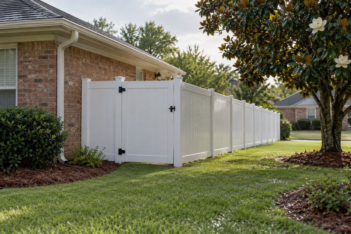 White vinyl privacy fence beside a brick house in Alabama