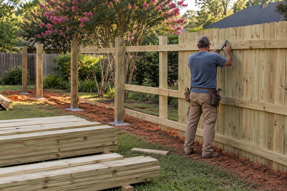 Worker building a wood privacy fence in an Alabama backyard